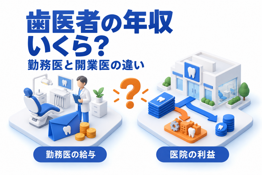勤務医の給与と、歯科医院の収益・費用・利益の違いを示すアイソメトリック概念図