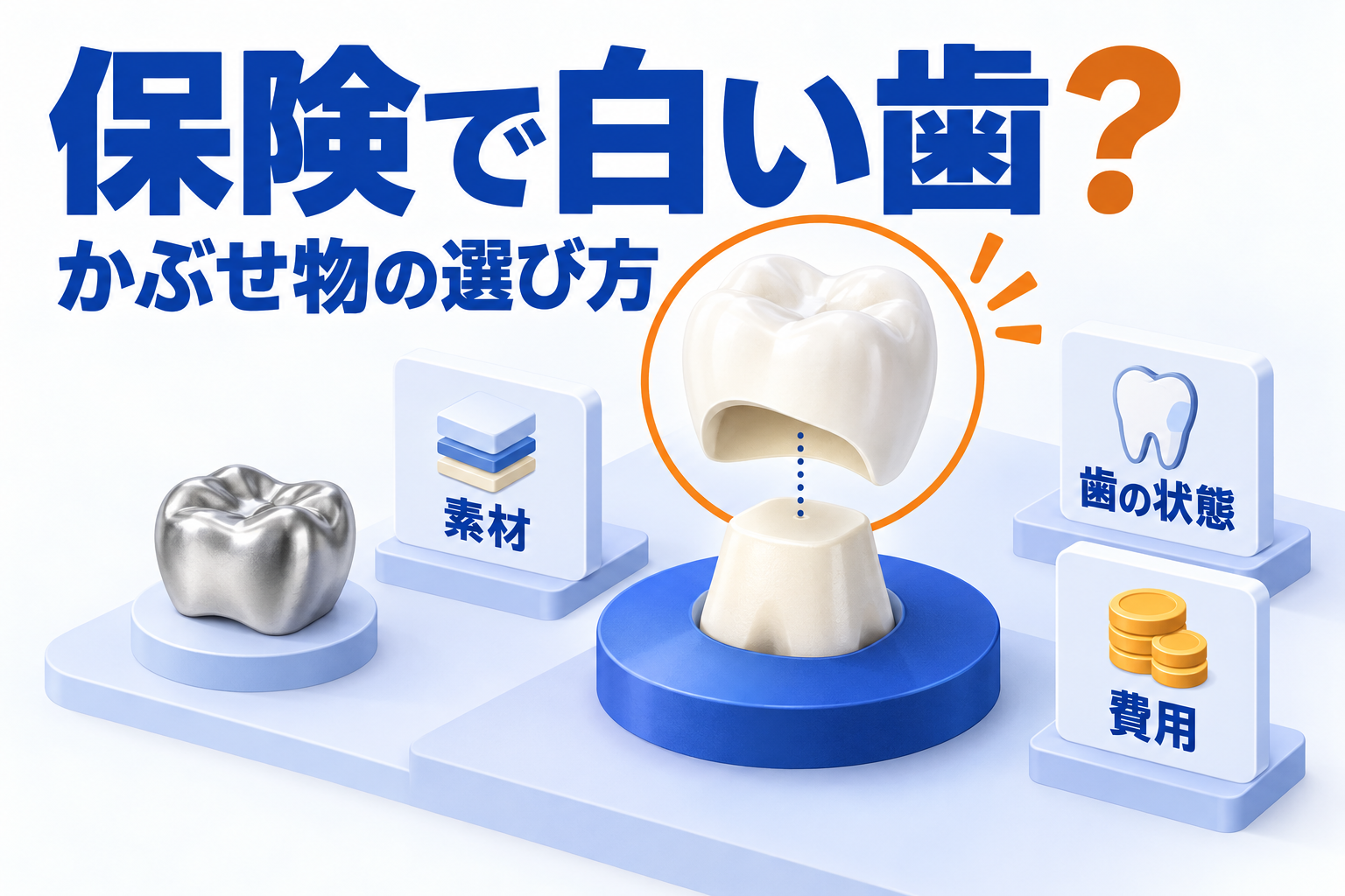 白いかぶせ物と歯の土台、素材・歯の状態・費用の判断材料を示すアイソメトリック図解