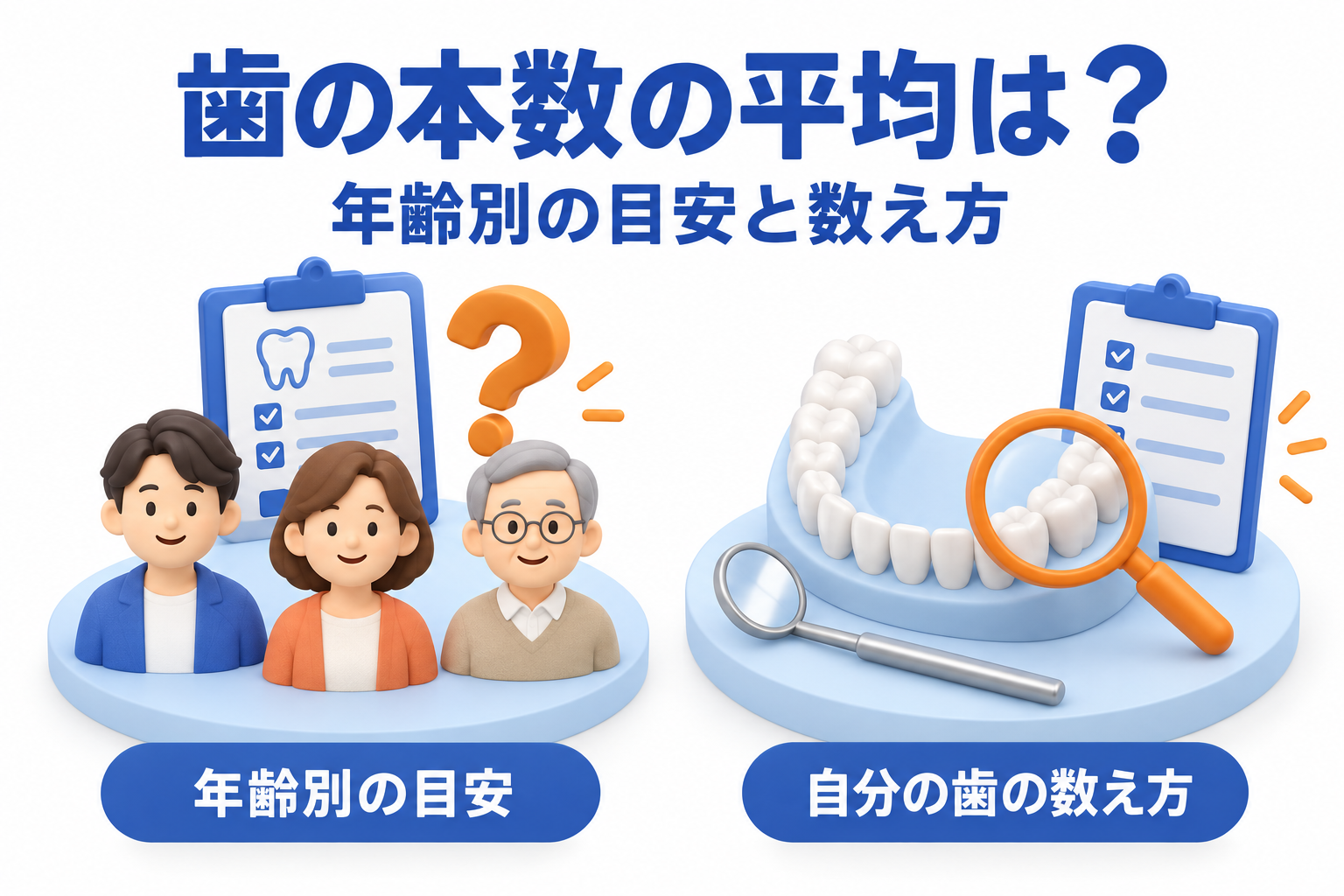 年齢の異なる大人と歯科調査票、歯列模型と拡大鏡で、年齢別の歯の本数の目安と数え方を示した概念図